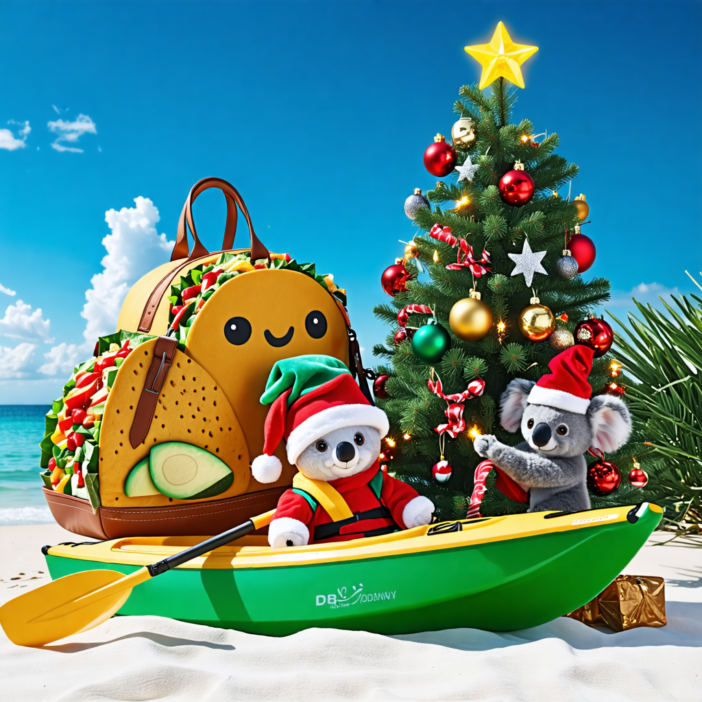 kayak, bag, doll, boat, christmas tree, taco, cheetah, koala, bee, towel